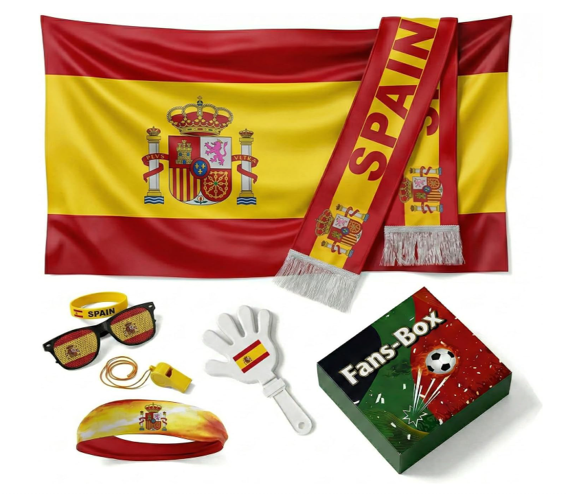 Spain Fan Gear Set 2026-7 Piece Game Day Kit with Flag, Scarf, Glasses, Whistle, Clapper, Wristband & Headband in Gift Box